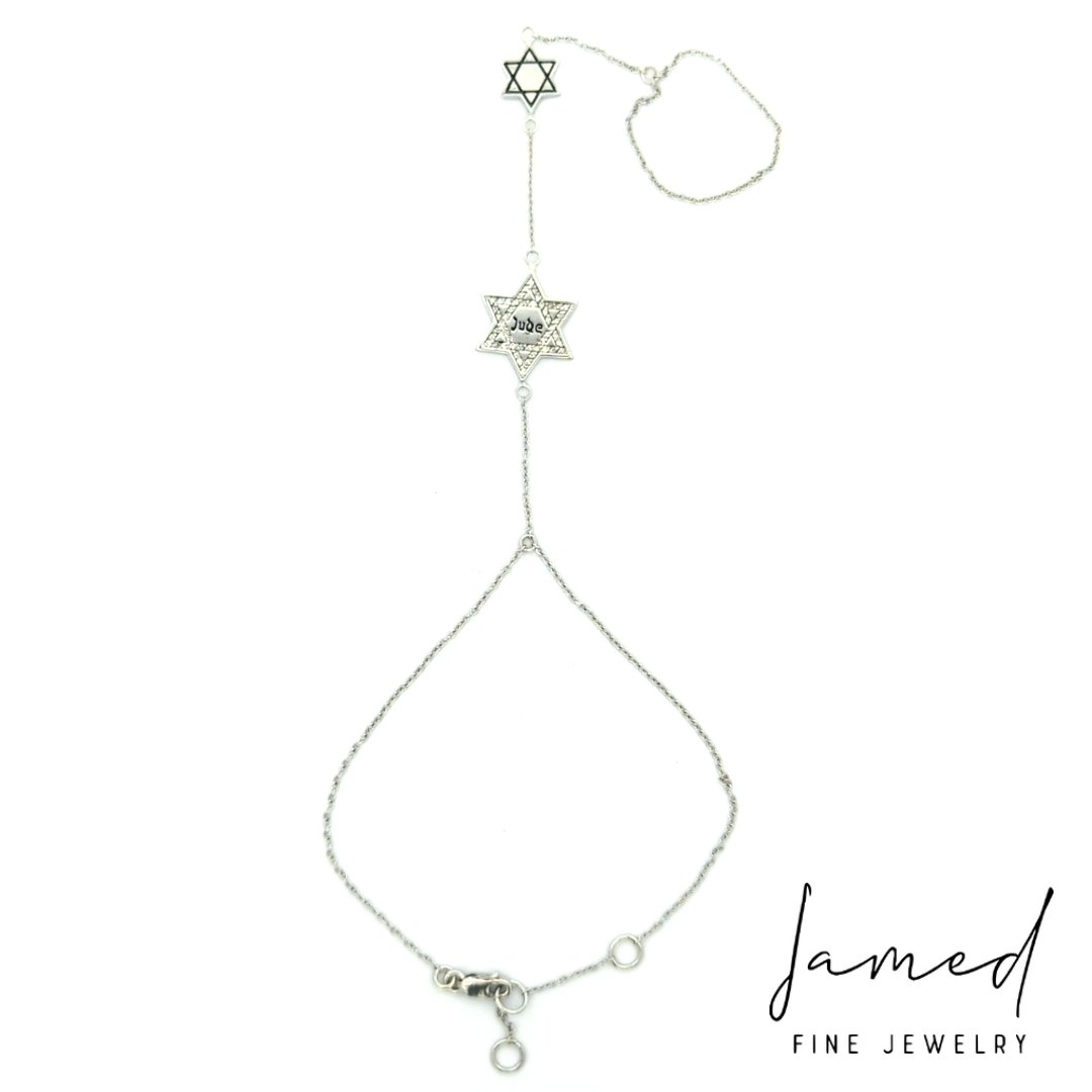 Diamond and Enamel Star of David Hand Chain in White Gold