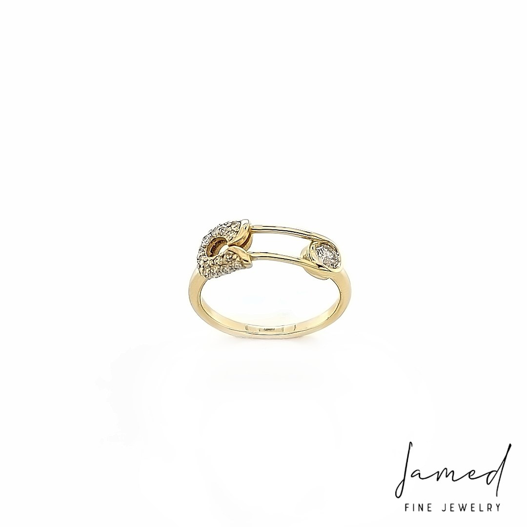 Custom Closed Safety Pin Ring with Diamonds in Yellow Gold