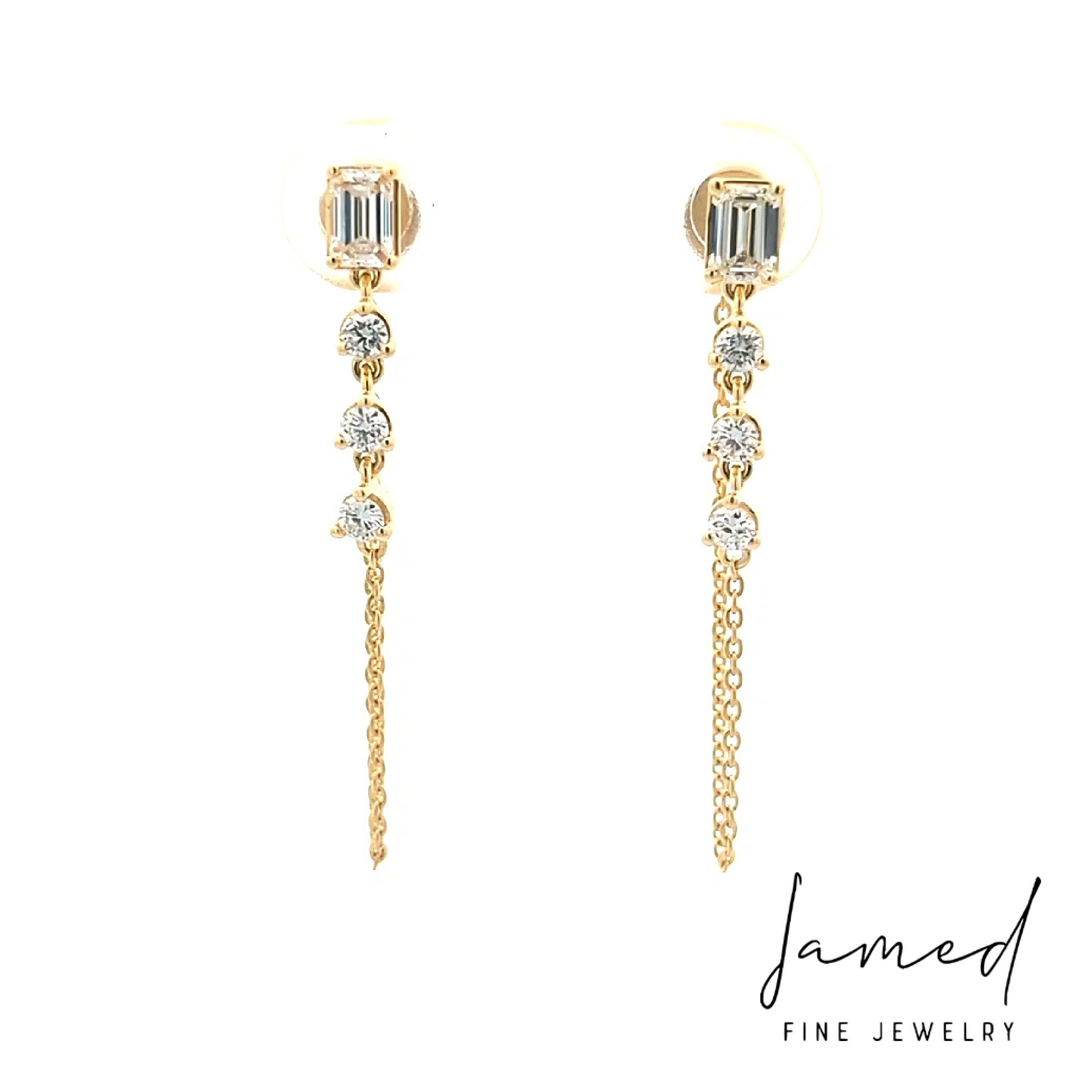 Emerald Diamond Cut Earring with Dangling Three Diamond Chain in Yellow Gold
