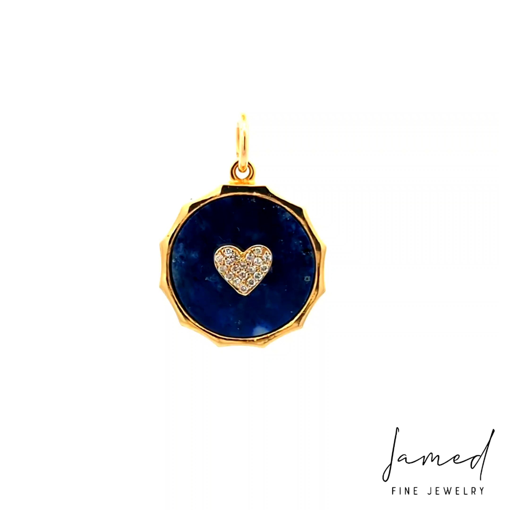 Lapis Disk with Diamond Heart Pendant in Yellow Gold