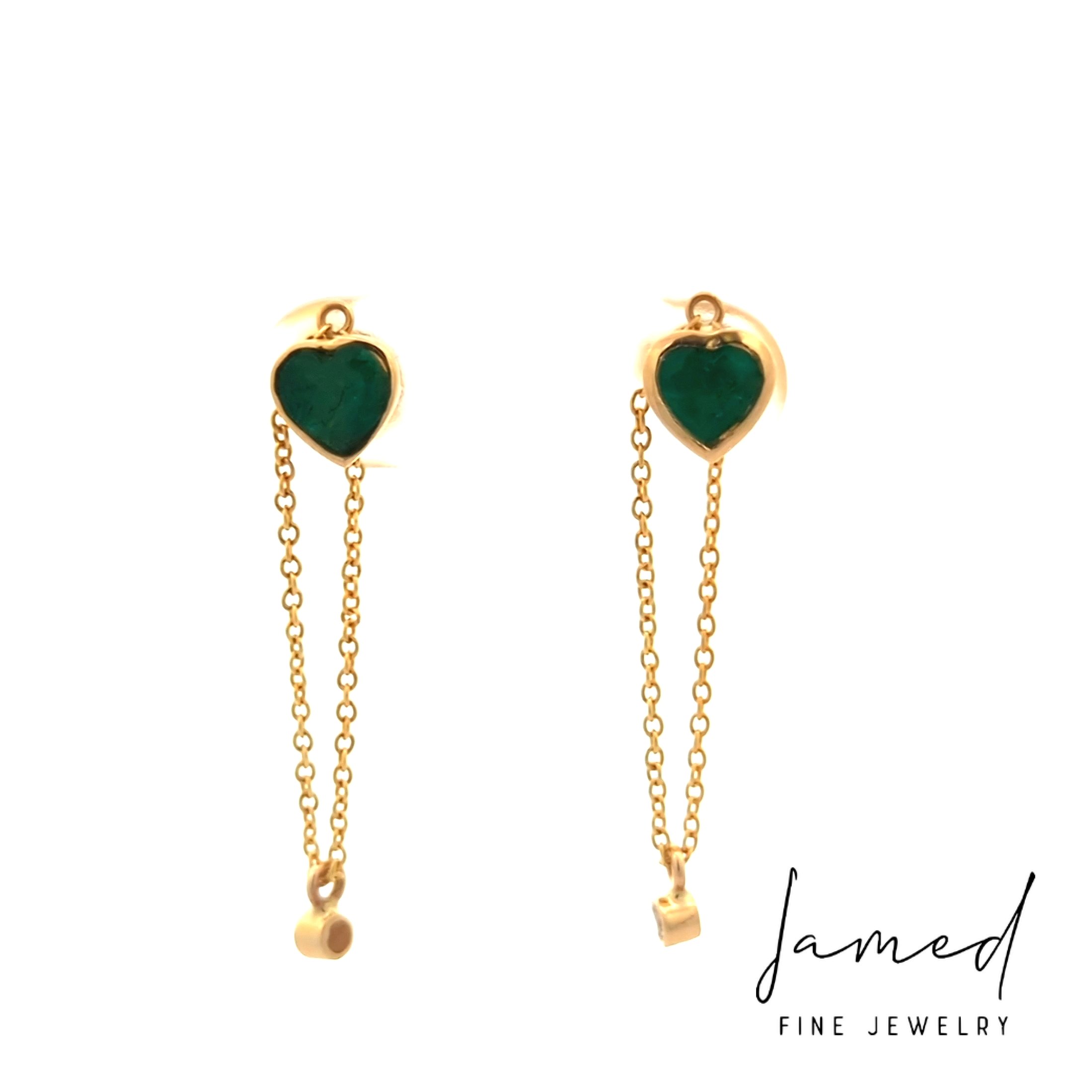 Emerald Heart with Chain Earrings in Yellow Gold