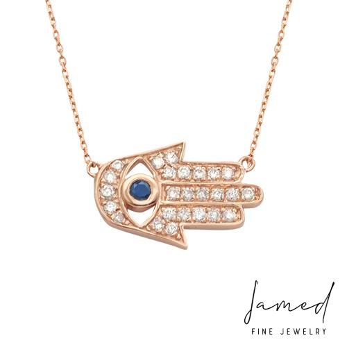 Hamsa Sapphire Center Diamond Necklace in Rose Gold