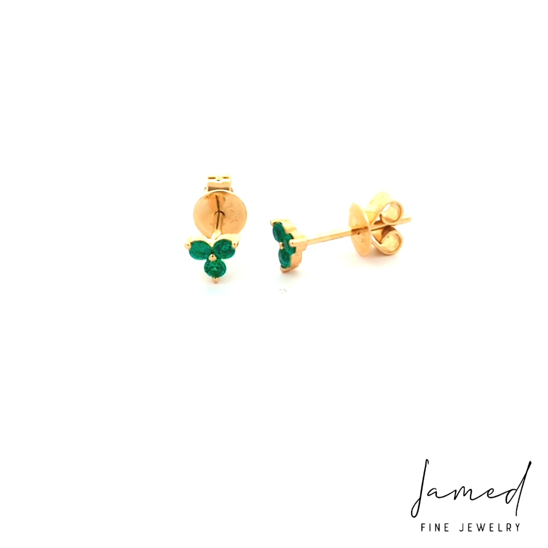 3 Stone Tringle Emerald Earrings in Yellow Gold