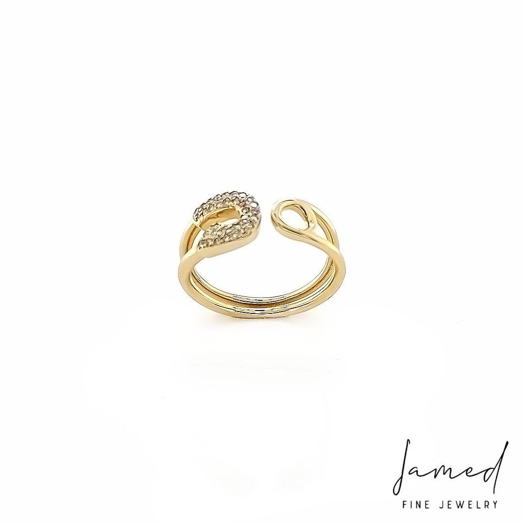 Custom Open Safety Pin Ring with Diamonds in Yellow Gold