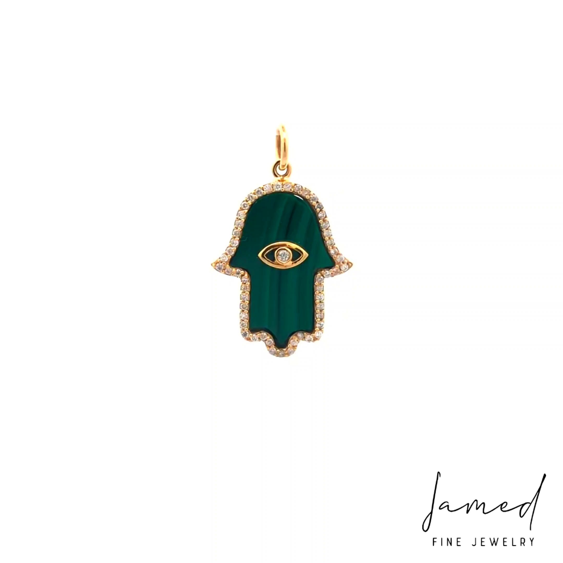 Malachite Hamsa Diamond Pendant in Yellow Gold