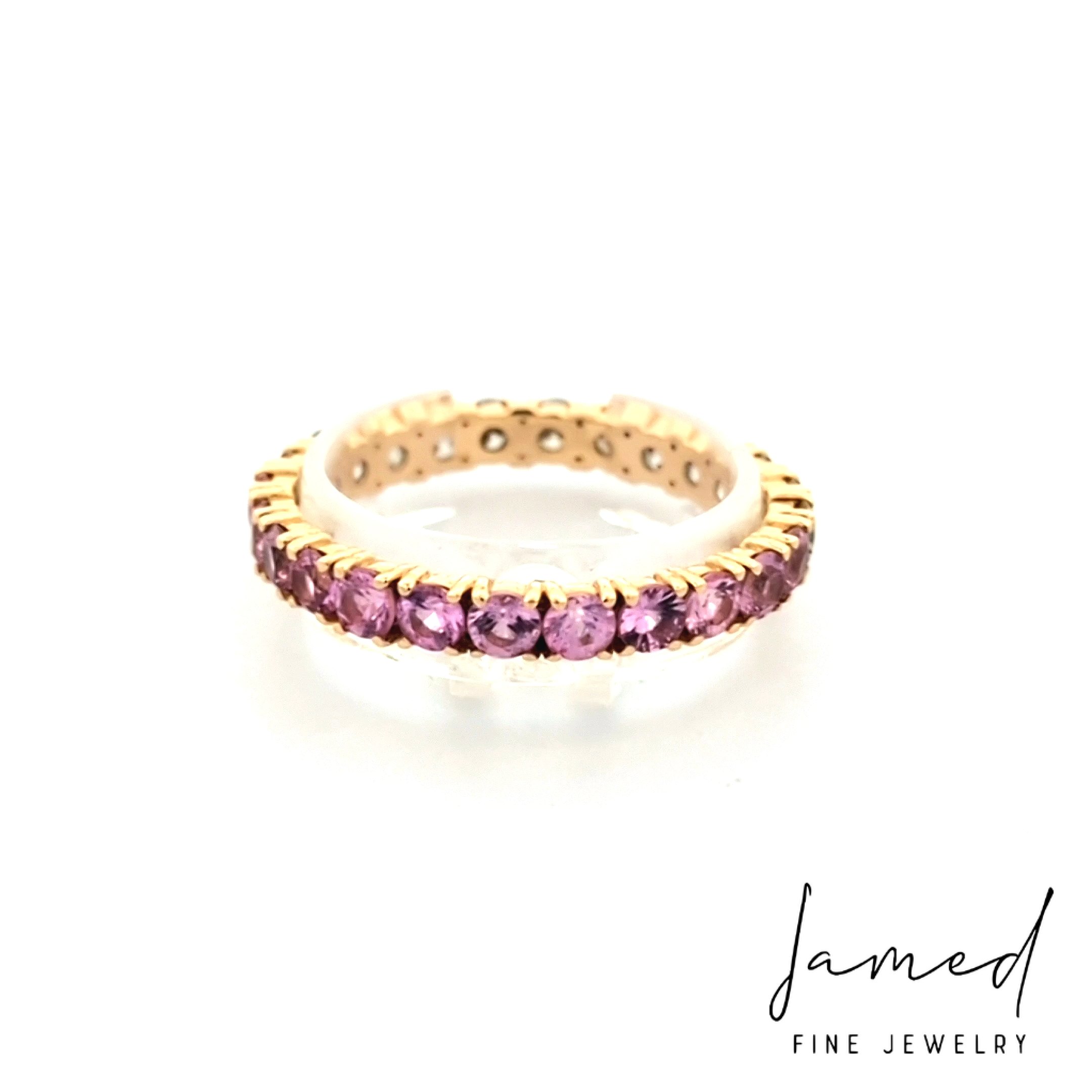 Half Diamond and Half Pink Sapphire Eternity Band in Yellow Gold