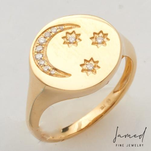 Pinky Crecent and 3 Stars Diamond Ring in Yellow Gold