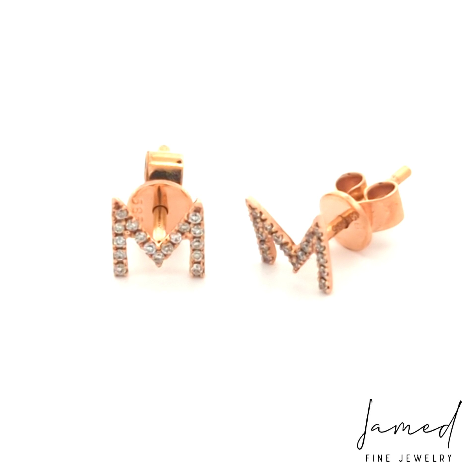 M Initial Diamond Earrings in Rose Gold
