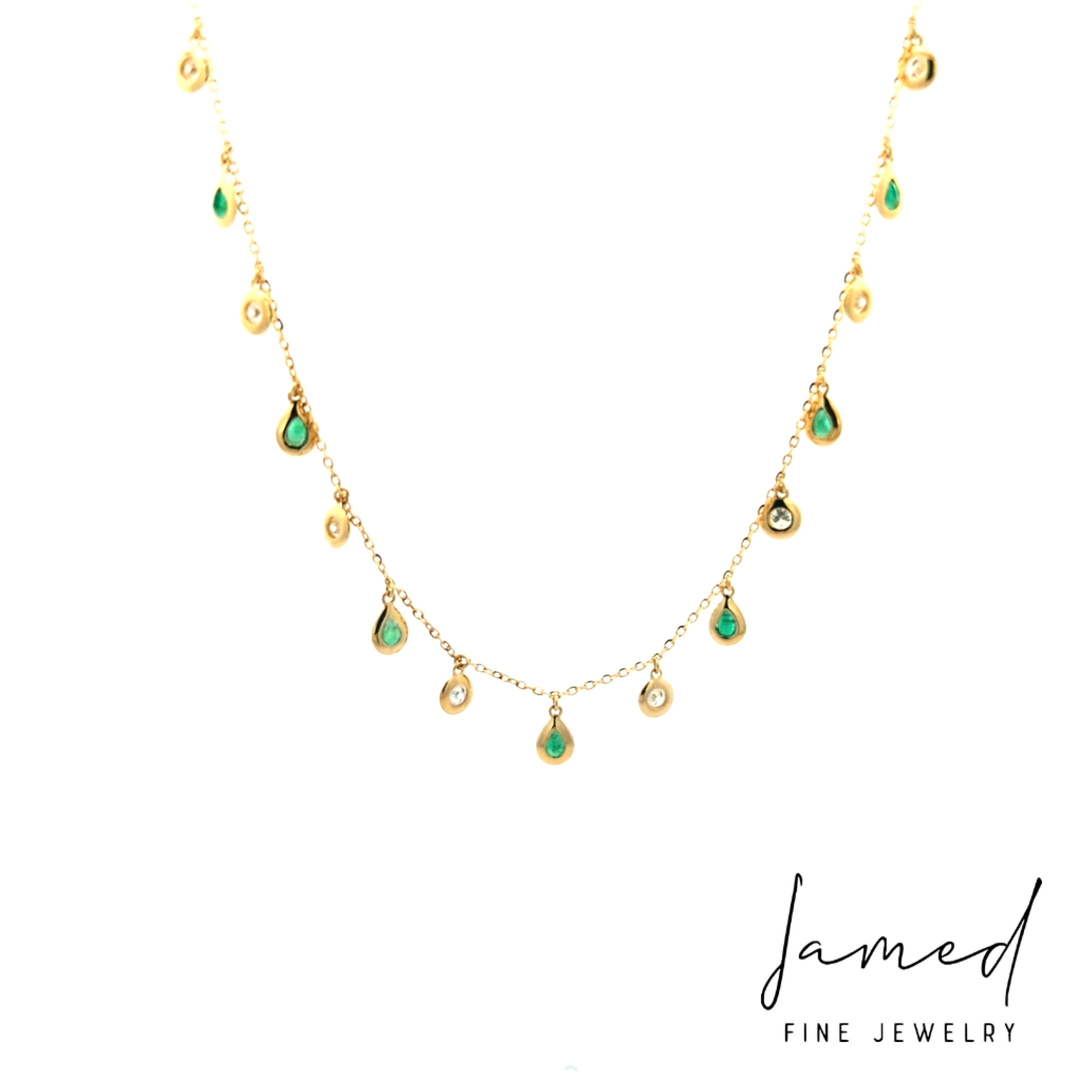 Diamond and Emerald Dangling Necklace Emerald, Diamond in Yellow Gold