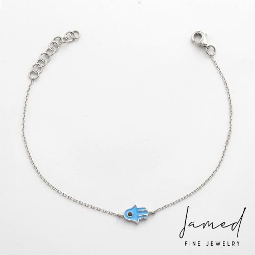 Blue Enamel Hamsa Braceler Bracelet in White Gold