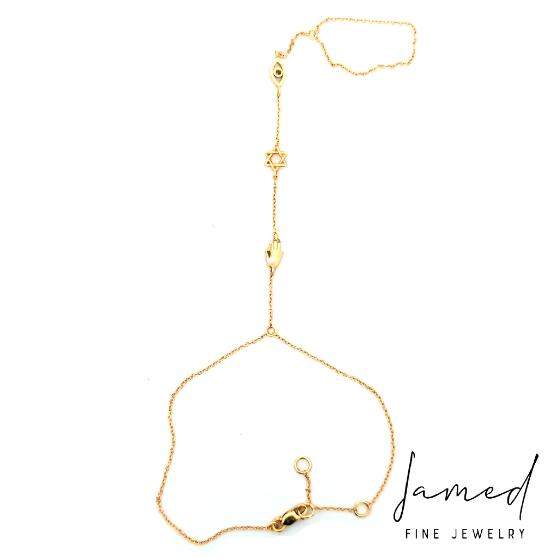 Hand Chain with 3 Jewish Charms in Yellow Gold