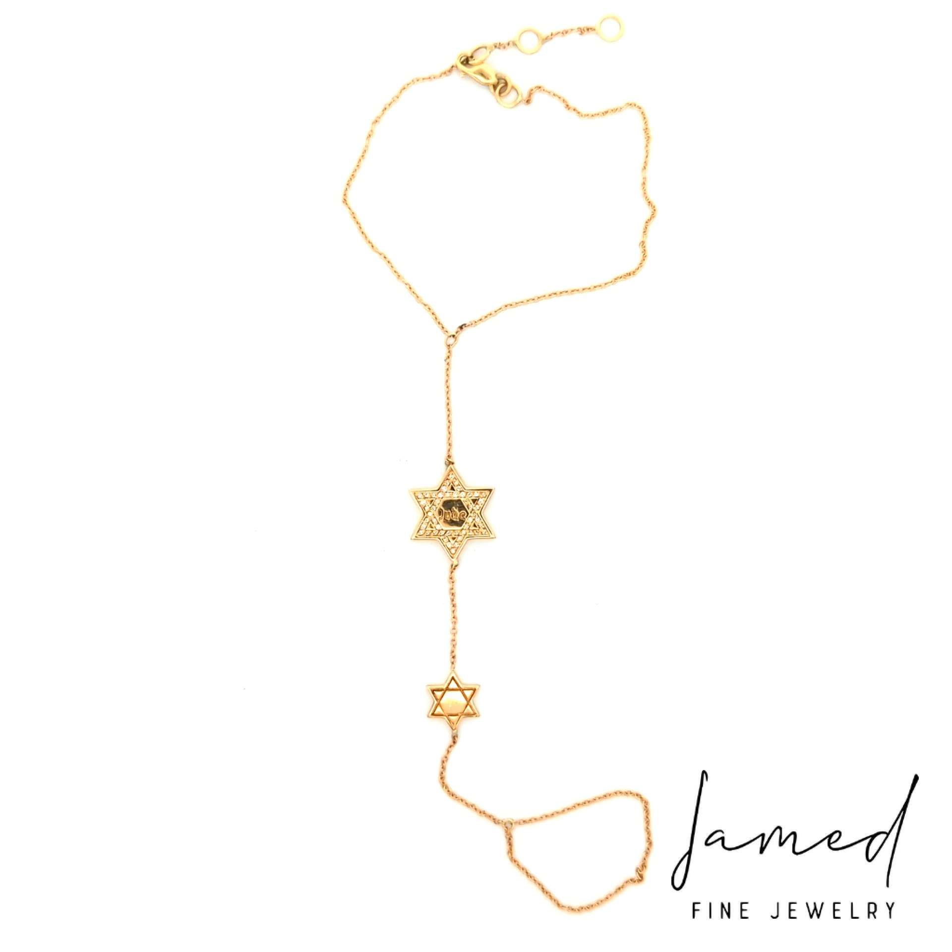 Diamond and Enamel Star of David Hand Chain in Yellow Gold
