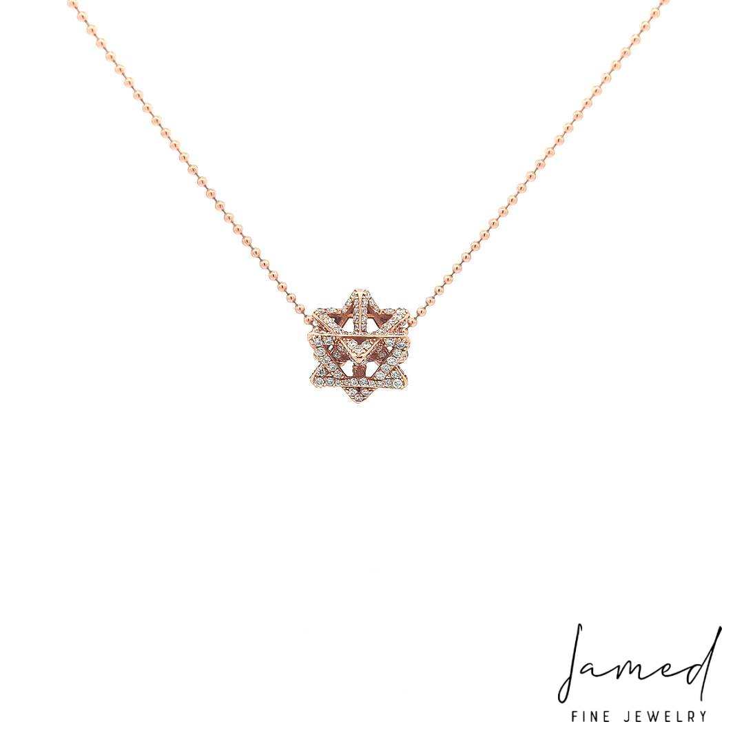 Large 3D Merkabah Star of David Pendant Necklace in 14K Rose Gold