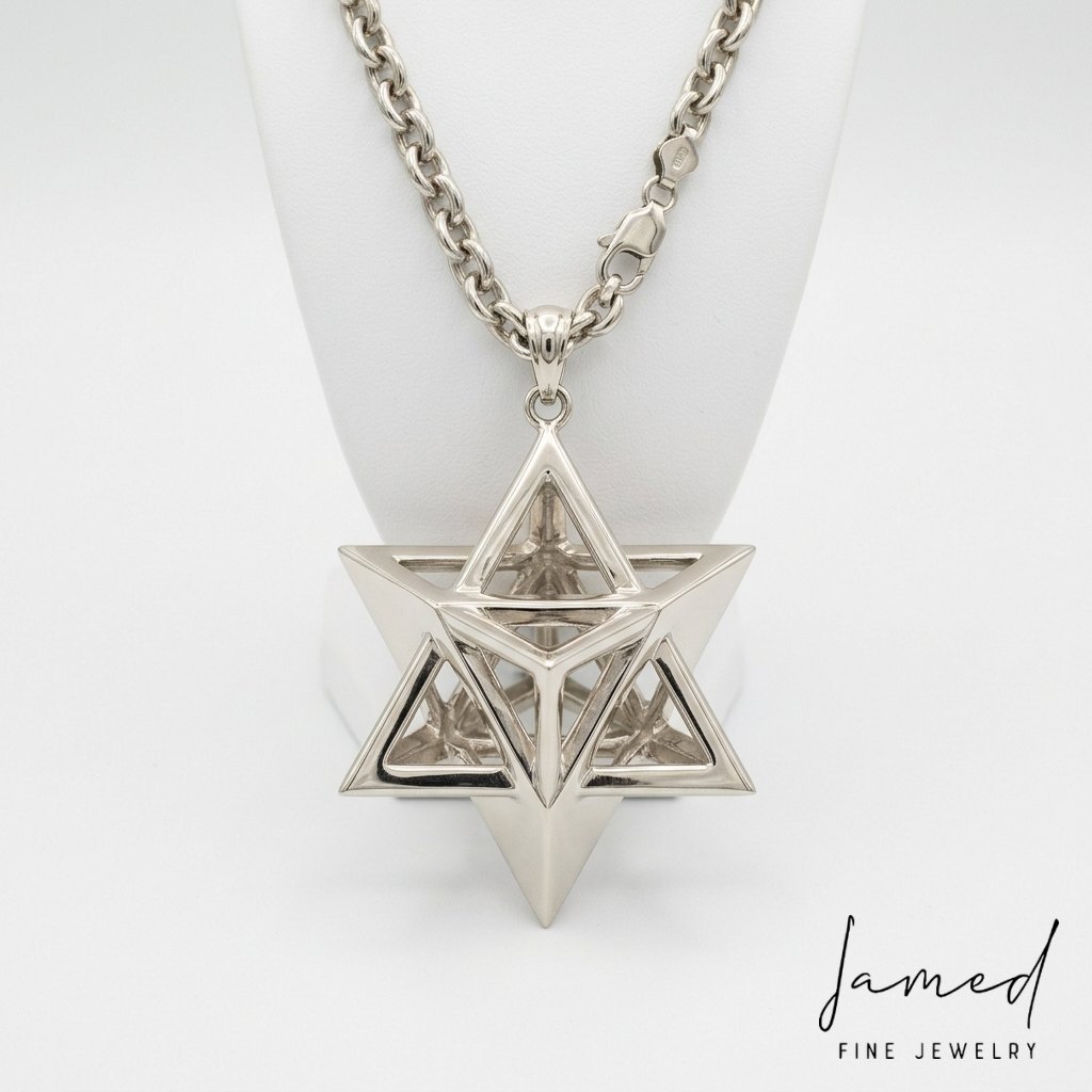 Large 3D Merkabah Star of David Pendant Necklace in 14K White Gold